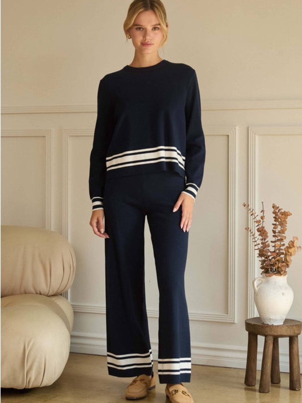 Striped Hem Navy Knit Wide-Leg Pants Only